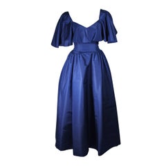 Vintage Circa 1980s Pauline Trigere Midnight Blue Faille Ball Gown with Cape Collar 6