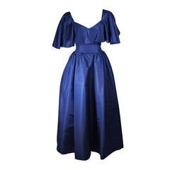 Circa 1980s Pauline Trigere Midnight Blue Faille Ball Gown with Cape Collar 6 5
