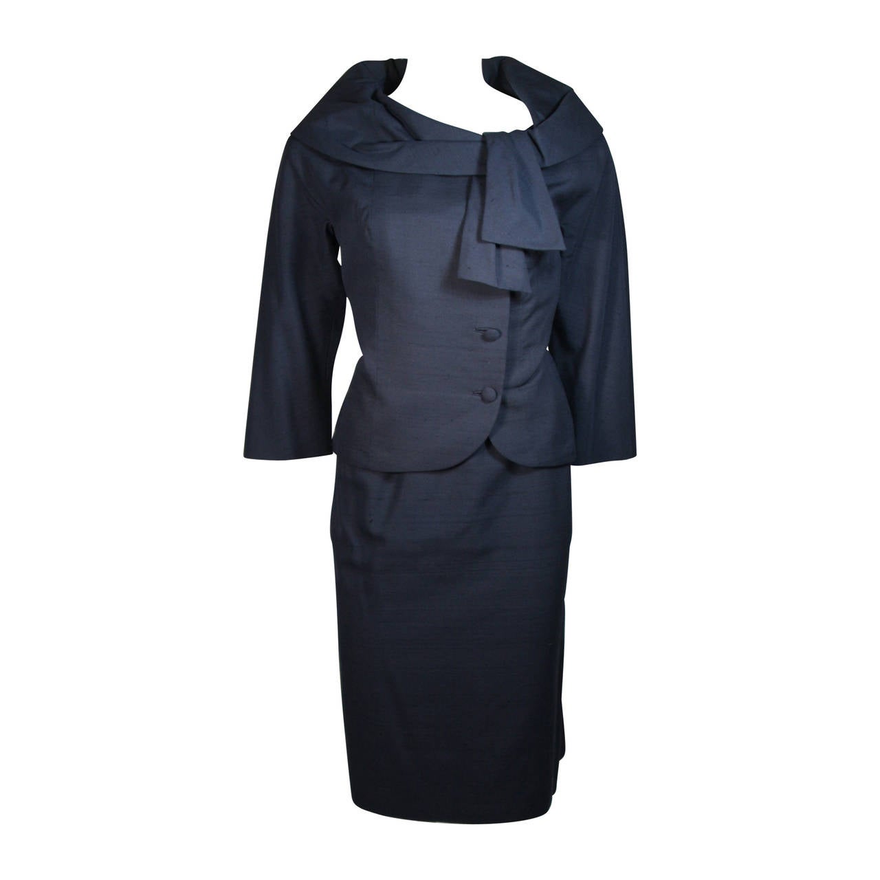 Don Loper Navy Silk Portrait Collar Jacket & Skirt Ensemble Circa 1950's