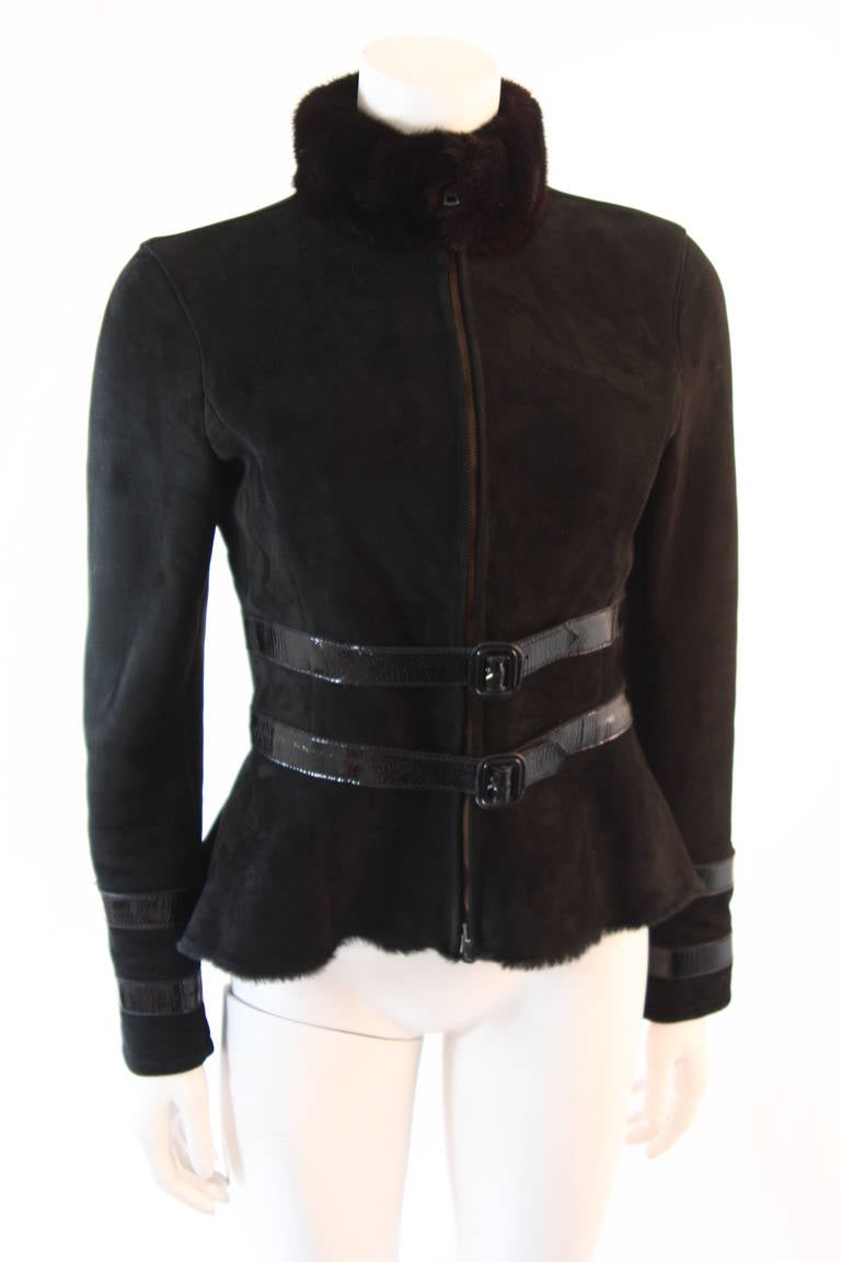 Valentino Shearling with Mink Collar Patent Strap detail Suede Jacket Size 4 In Excellent Condition In Los Angeles, CA
