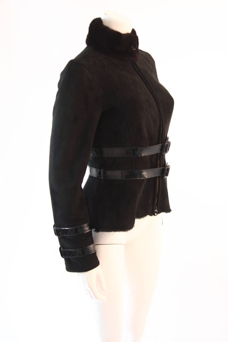 Women's Valentino Shearling with Mink Collar Patent Strap detail Suede Jacket Size 4