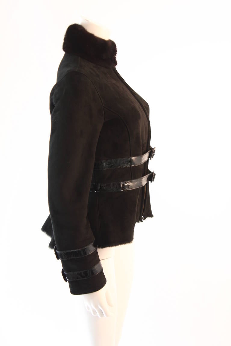 Valentino Shearling with Mink Collar Patent Strap detail Suede Jacket Size 4 1