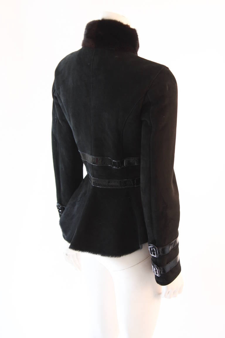 Valentino Shearling with Mink Collar Patent Strap detail Suede Jacket Size 4 2