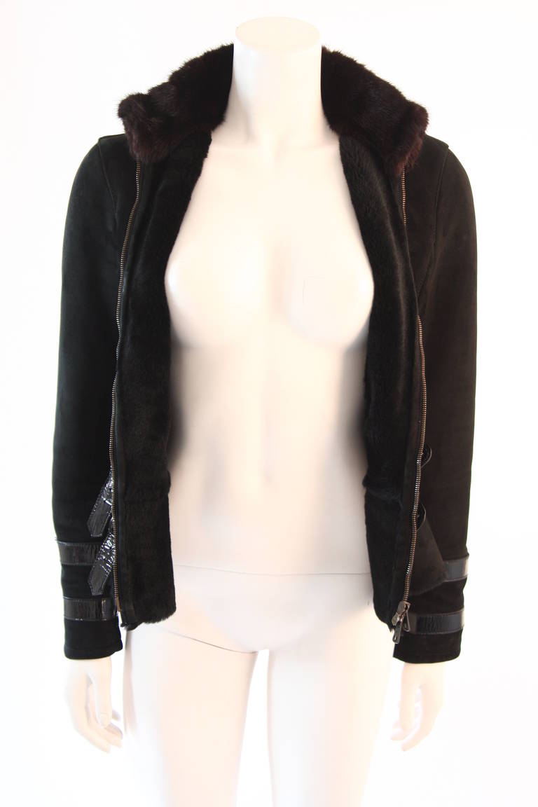 Valentino Shearling with Mink Collar Patent Strap detail Suede Jacket Size 4 4