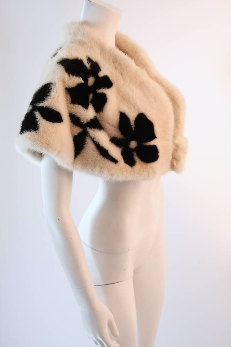 Bergdorf Goodman White with Black Flowers Winter Mink Capelet Jacket 2