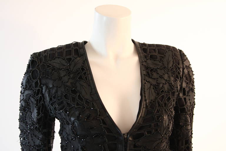 Black Exquisite Valentino Floral Leather Cut Out Fitted Jacket Size 38