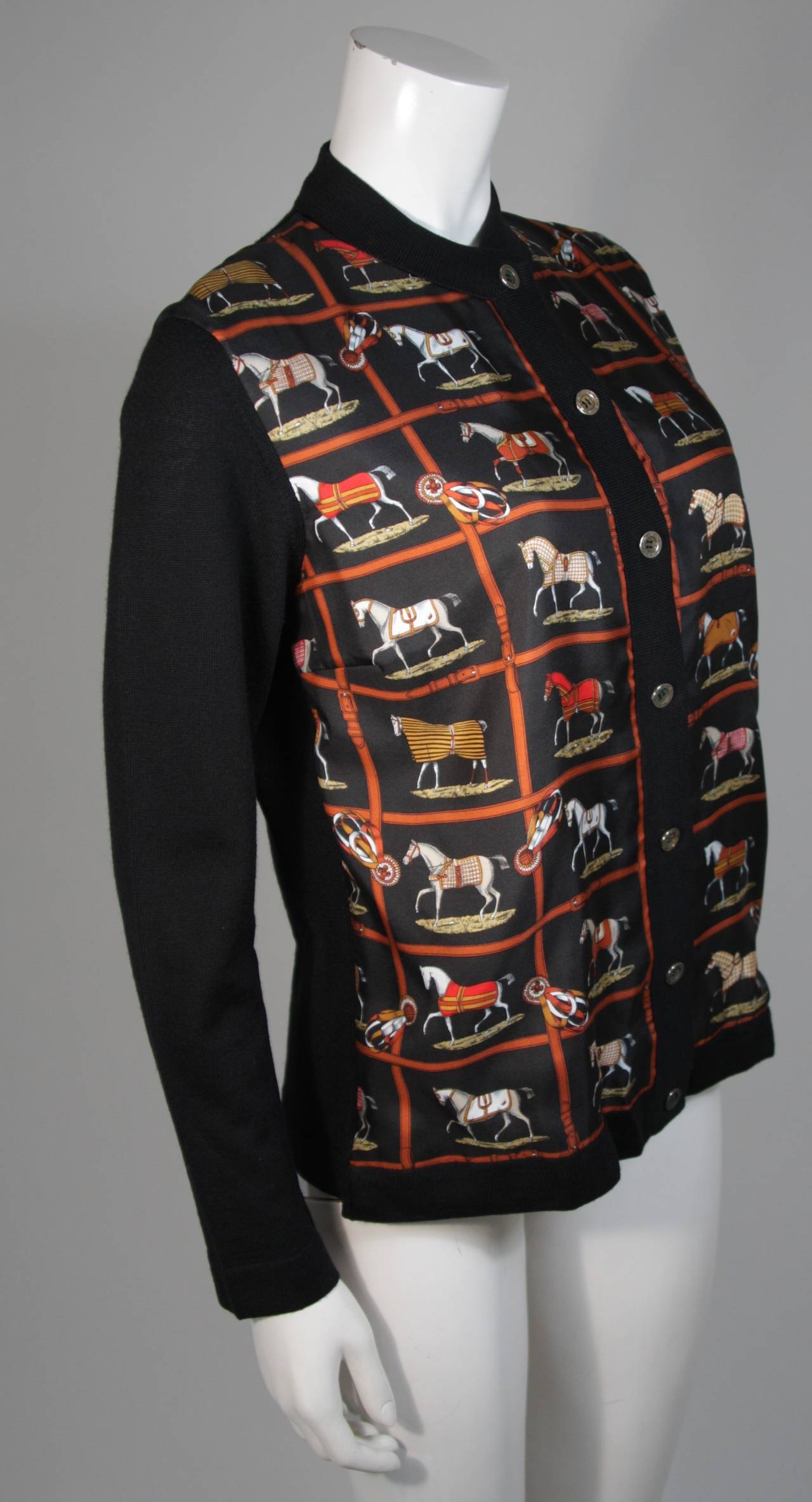 Hermes Black Checkerboard Racehorse Print Silk & Wool Cardigan Sweater 46 1