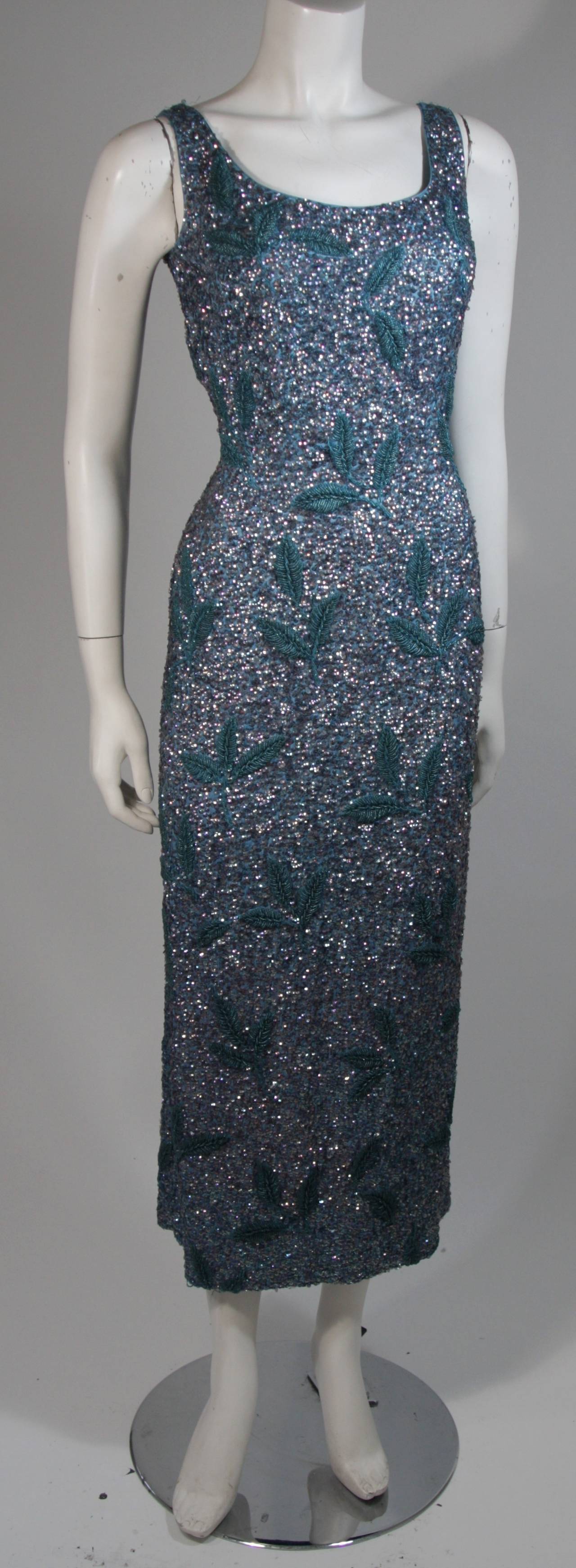 Black Custom 1960's Sapphire Blue Beaded Gown with Sequins Size Small Medium For Sale