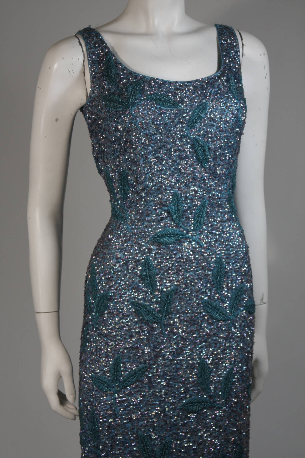 Custom 1960's Sapphire Blue Beaded Gown with Sequins Size Small Medium In Excellent Condition For Sale In Los Angeles, CA