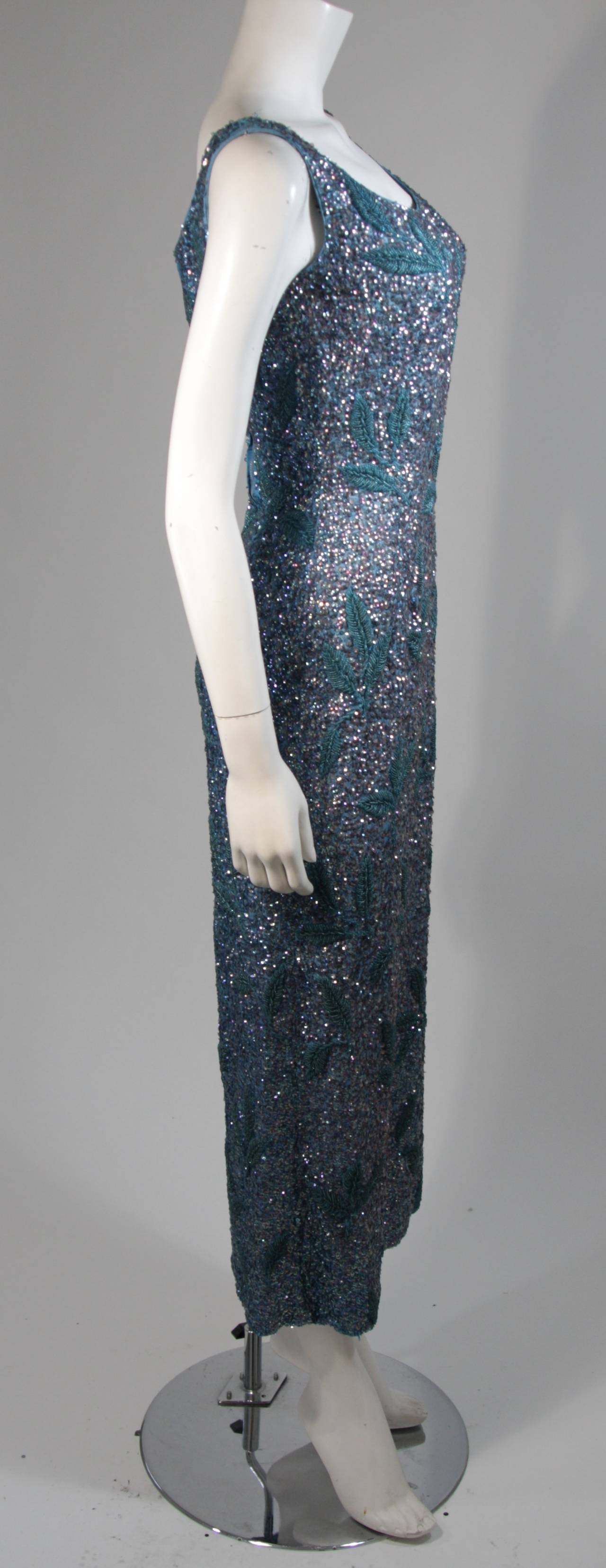 Custom 1960's Sapphire Blue Beaded Gown with Sequins Size Small Medium For Sale 1
