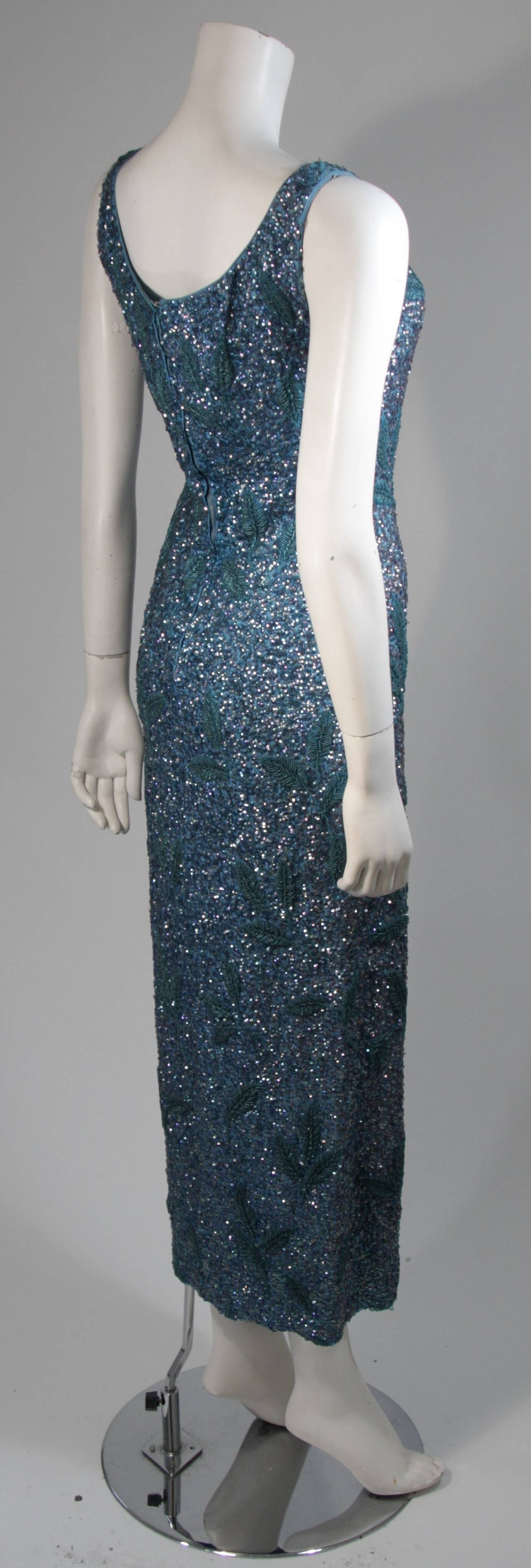 Custom 1960's Sapphire Blue Beaded Gown with Sequins Size Small Medium For Sale 2