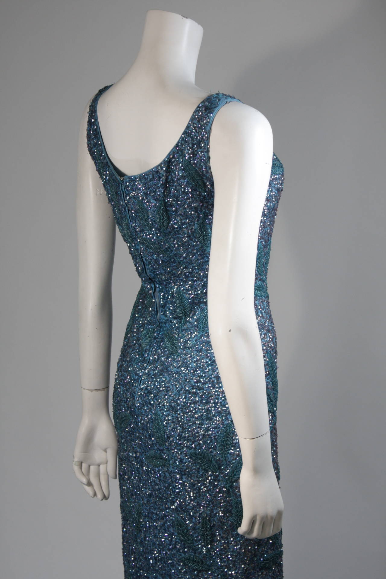 Custom 1960's Sapphire Blue Beaded Gown with Sequins Size Small Medium For Sale 3