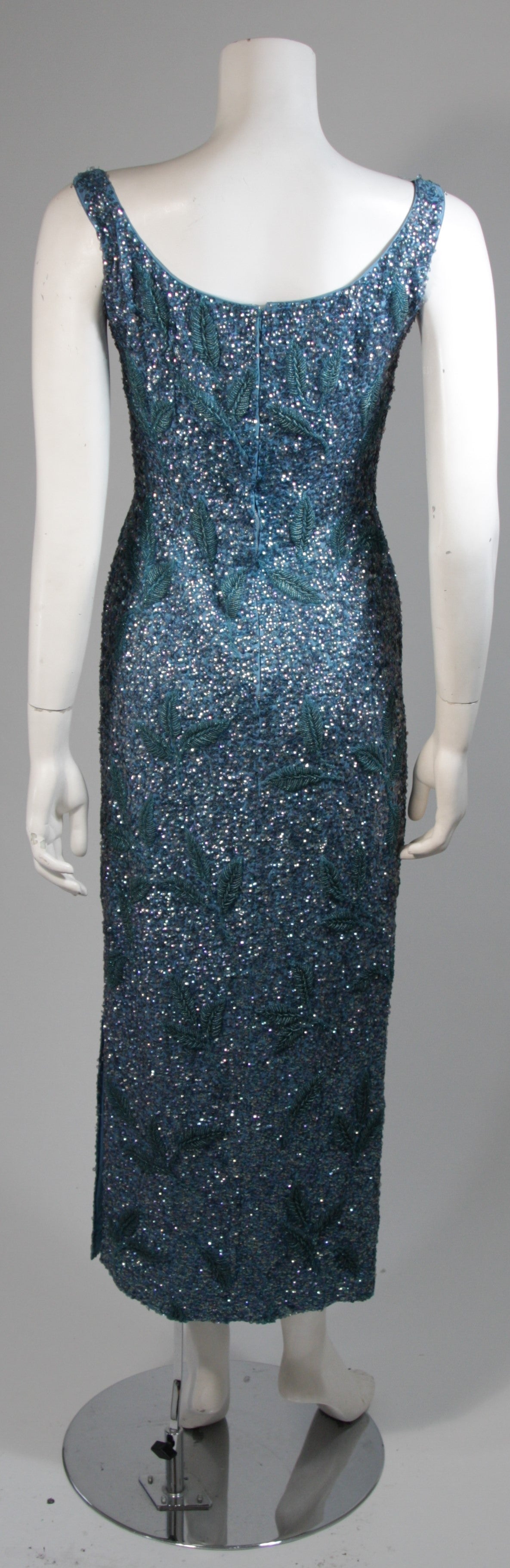 Custom 1960's Sapphire Blue Beaded Gown with Sequins Size Small Medium For Sale 4