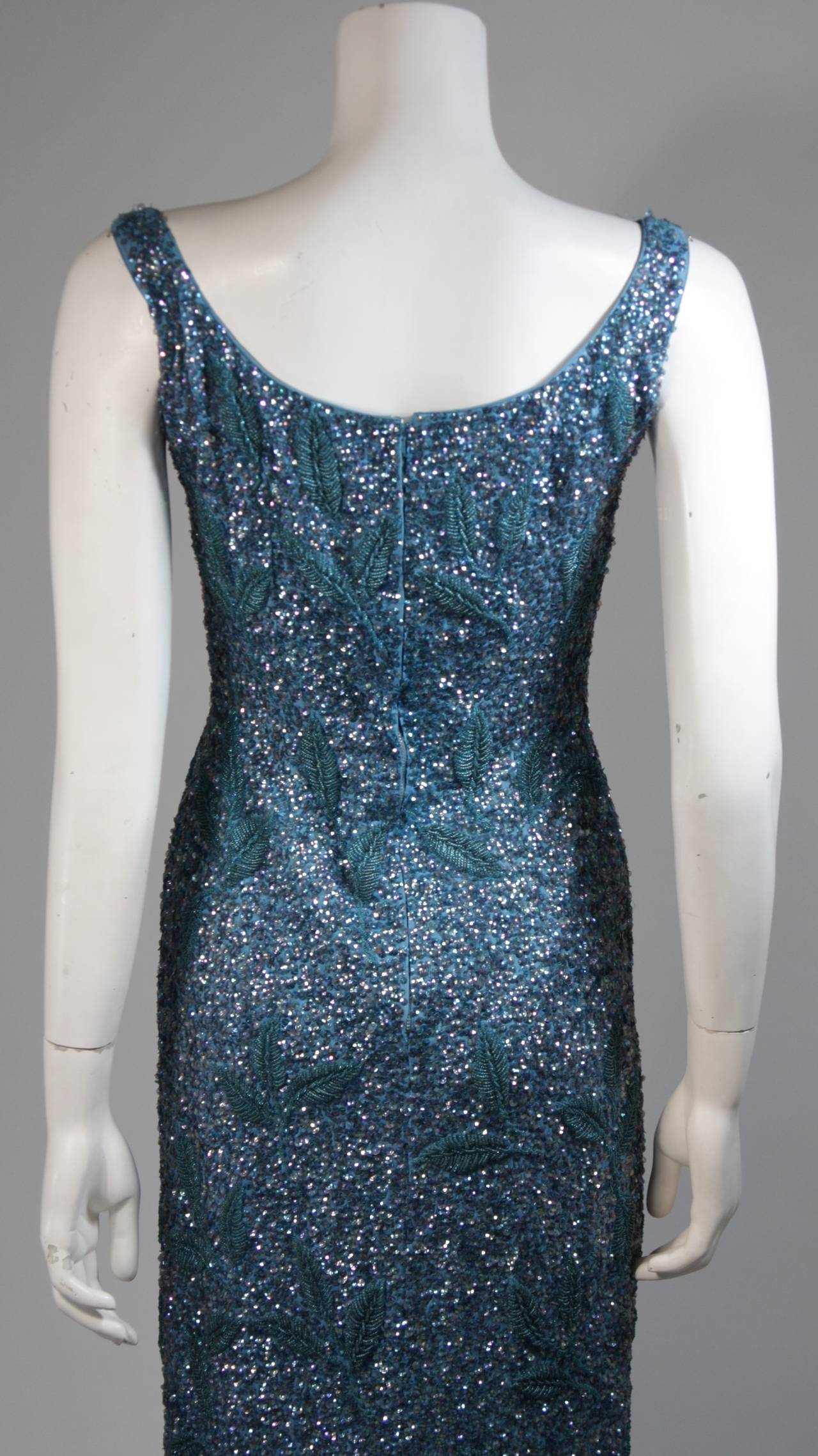 Custom 1960's Sapphire Blue Beaded Gown with Sequins Size Small Medium For Sale 5