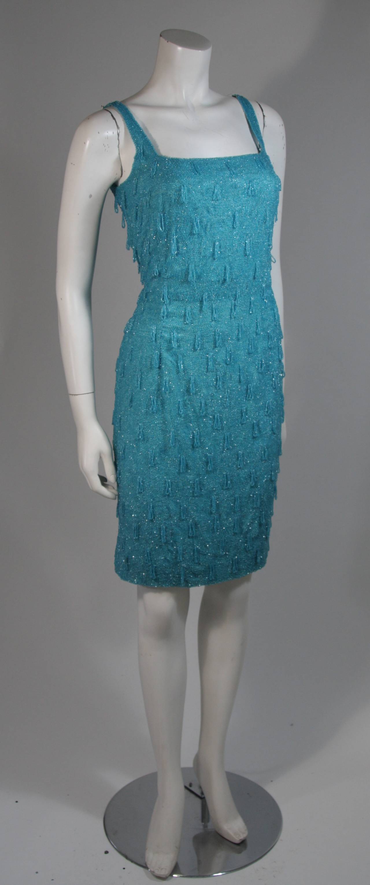 Blue 1960's Heavily Beaded Aqua Cocktail Dress Size Medium For Sale