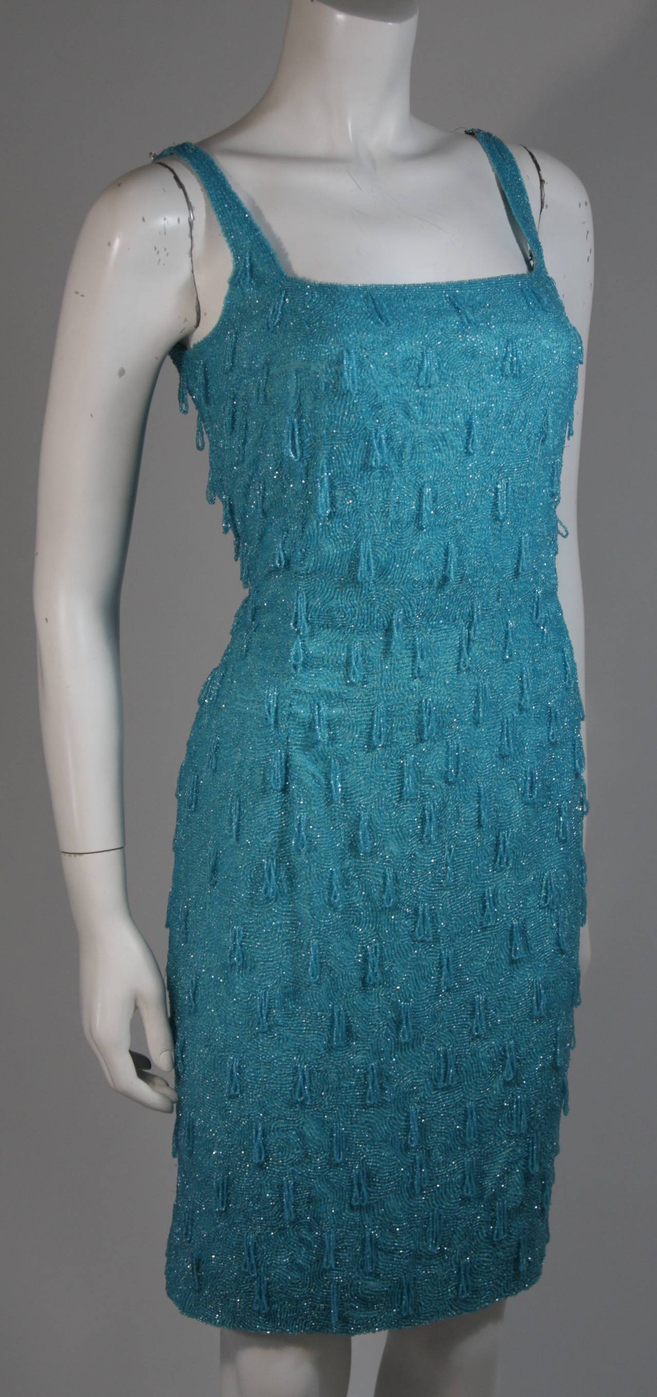 1960's Heavily Beaded Aqua Cocktail Dress Size Medium In Excellent Condition For Sale In Los Angeles, CA