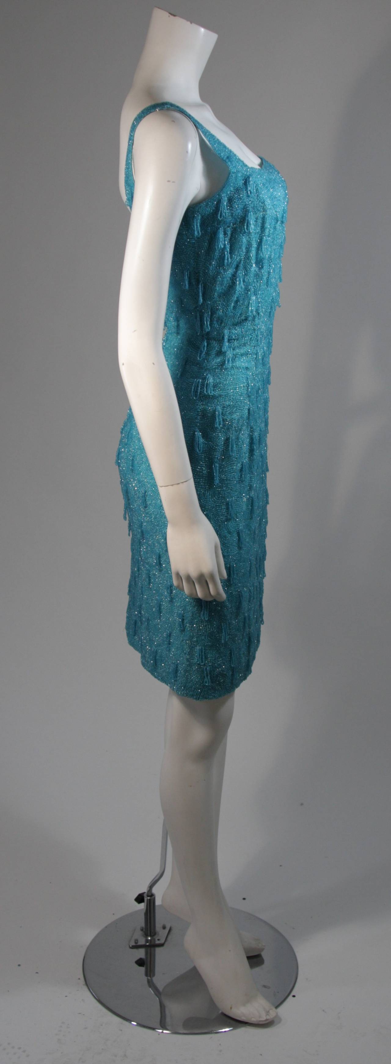 Women's 1960's Heavily Beaded Aqua Cocktail Dress Size Medium For Sale