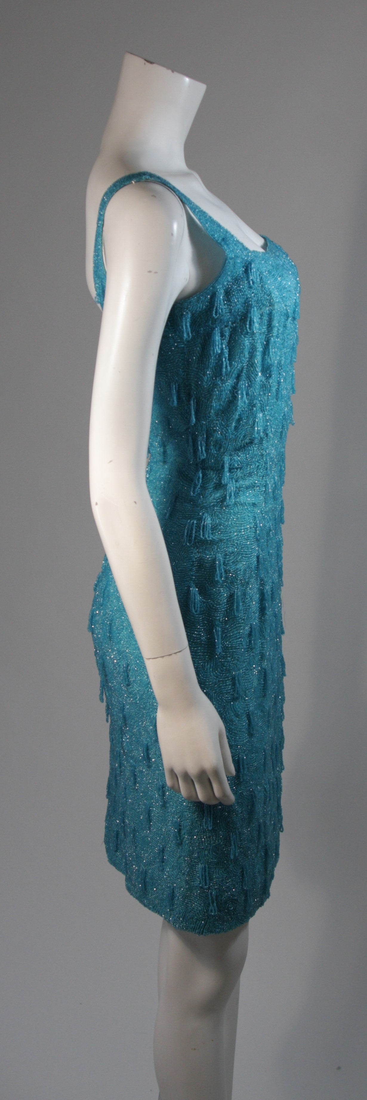 1960's Heavily Beaded Aqua Cocktail Dress Size Medium For Sale 1