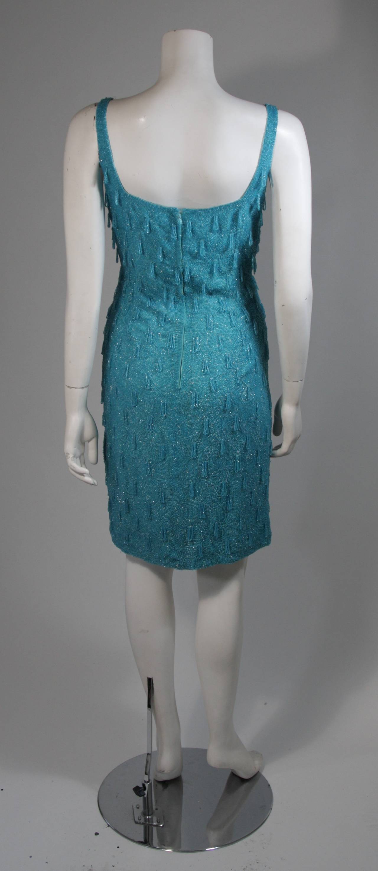 1960's Heavily Beaded Aqua Cocktail Dress Size Medium For Sale 2