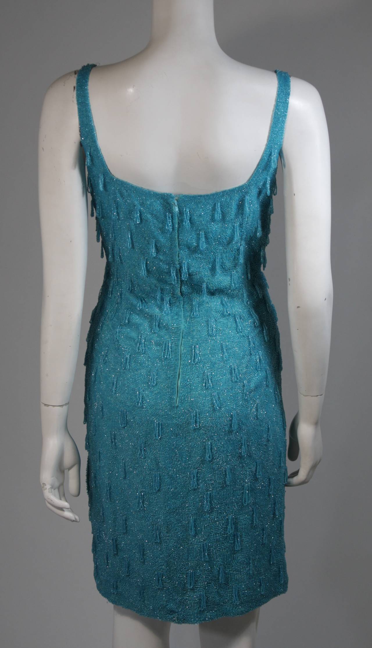 1960's Heavily Beaded Aqua Cocktail Dress Size Medium For Sale 3