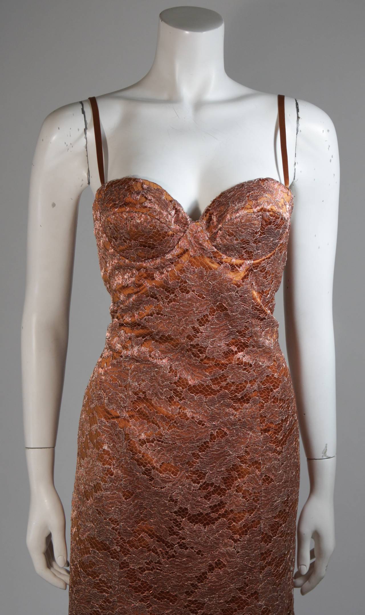Escada Couture Bustier Style Bronze Lace Gown Size 36 In Excellent Condition In Los Angeles, CA
