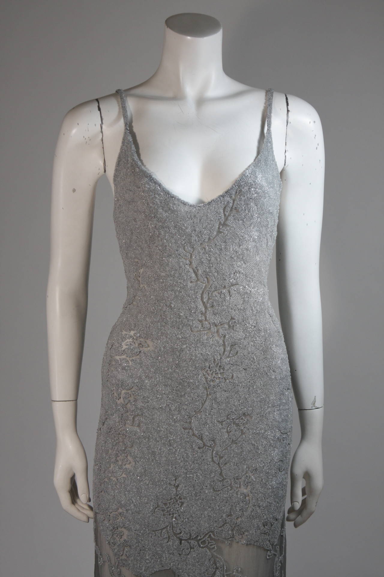 Alberta Ferretti Silver Beaded Gown with Silk Chiffon Size 42 In Excellent Condition In Los Angeles, CA