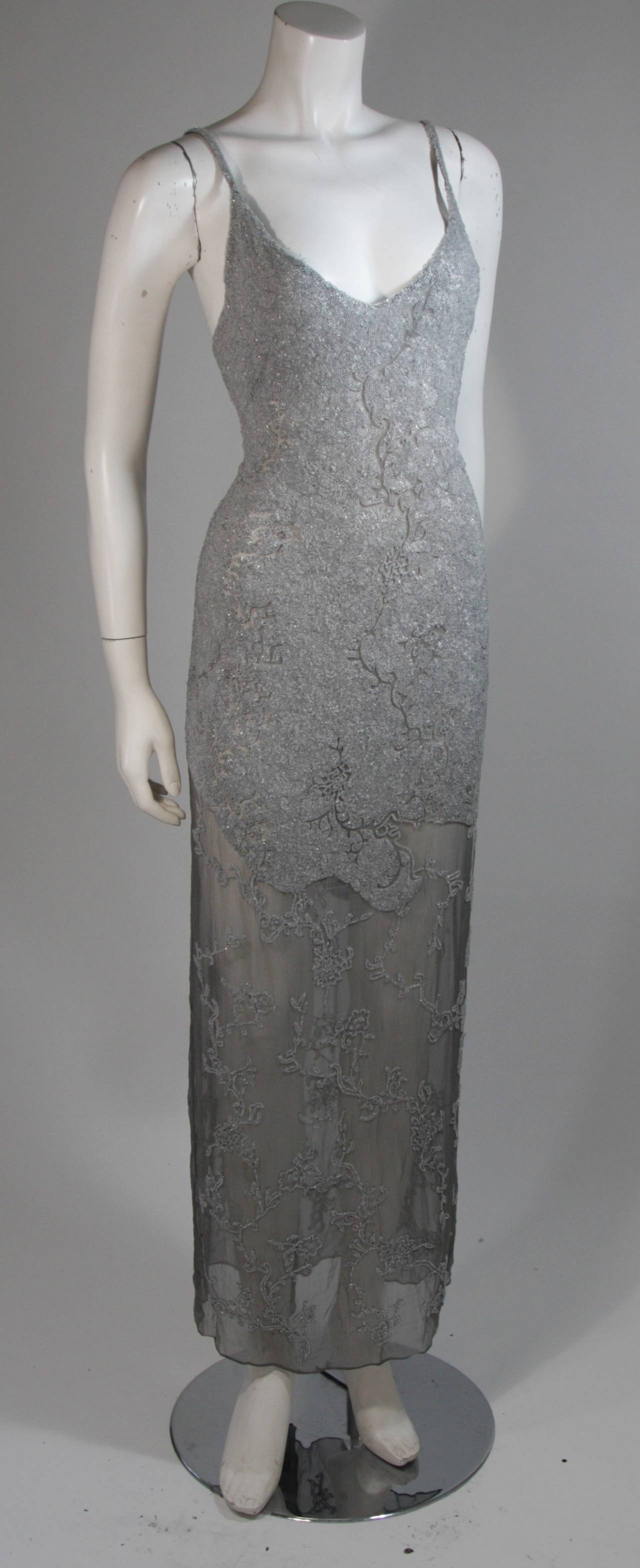 Women's Alberta Ferretti Silver Beaded Gown with Silk Chiffon Size 42