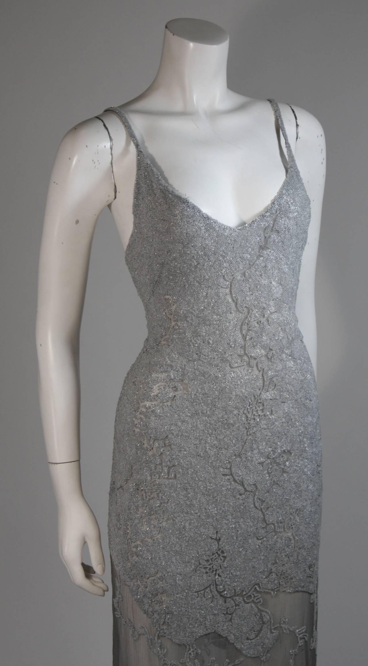 Alberta Ferretti Silver Beaded Gown with Silk Chiffon Size 42 1