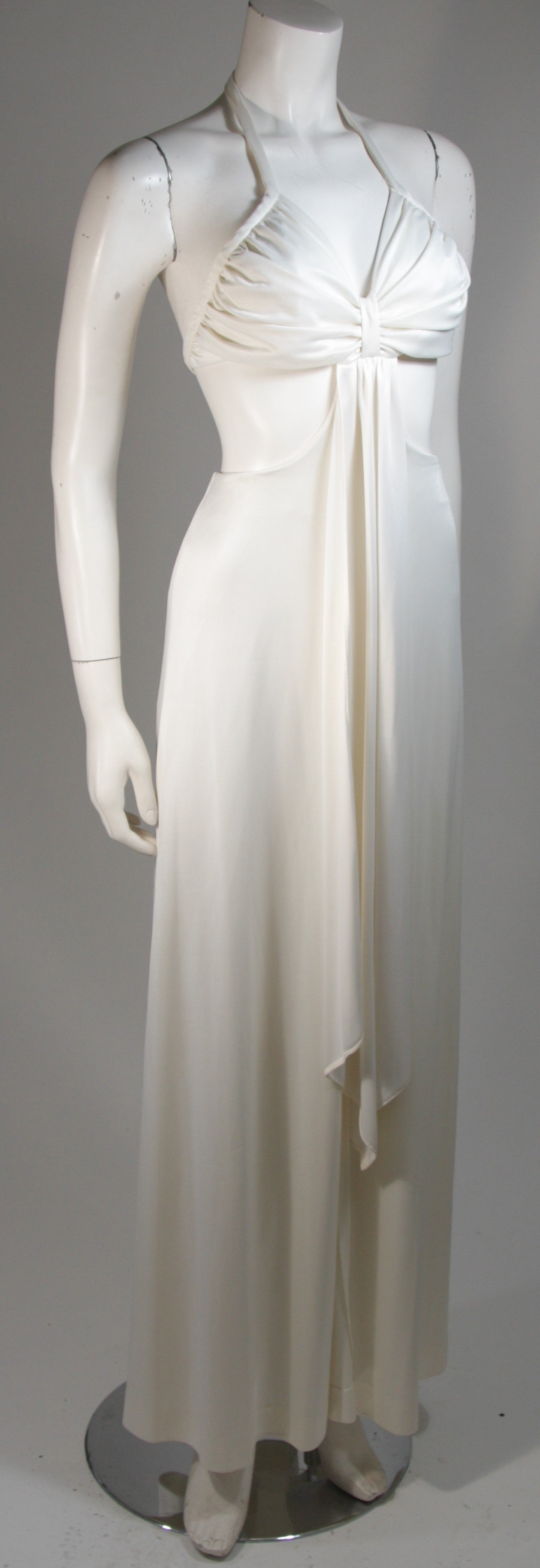 Gray Funky 1970's White Draped Jersey Gown with Exposed Sides Size Small