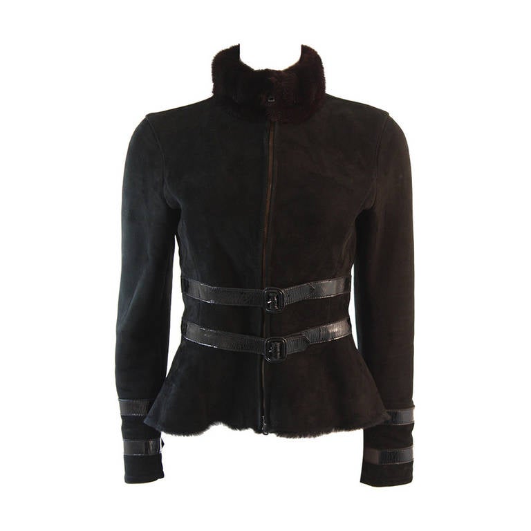 Valentino Shearling with Mink Collar Patent Strap detail Suede Jacket Size 4