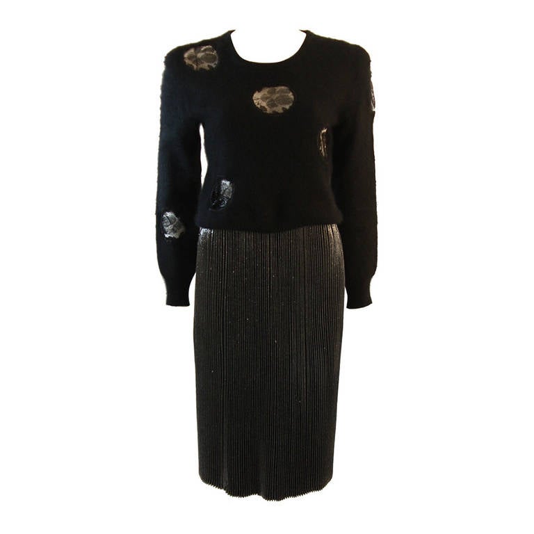 Krizia Maglia Angora Sweater with Lace Inset and Metallic Skirt For Sale