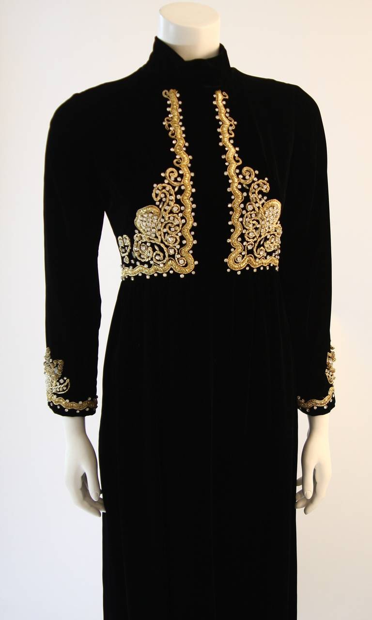 Brilliant Black Velvet Rhinestone Embellished Gown For Sale at 1stDibs