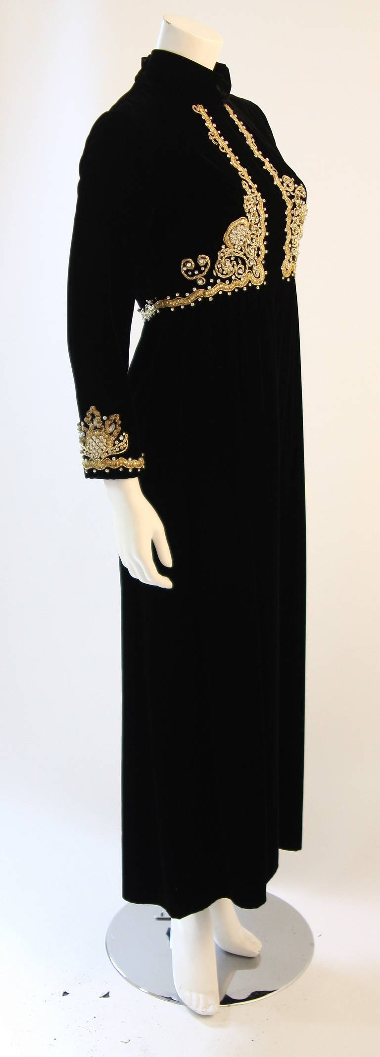 Women's Brilliant Black Velvet Rhinestone Embellished Gown For Sale