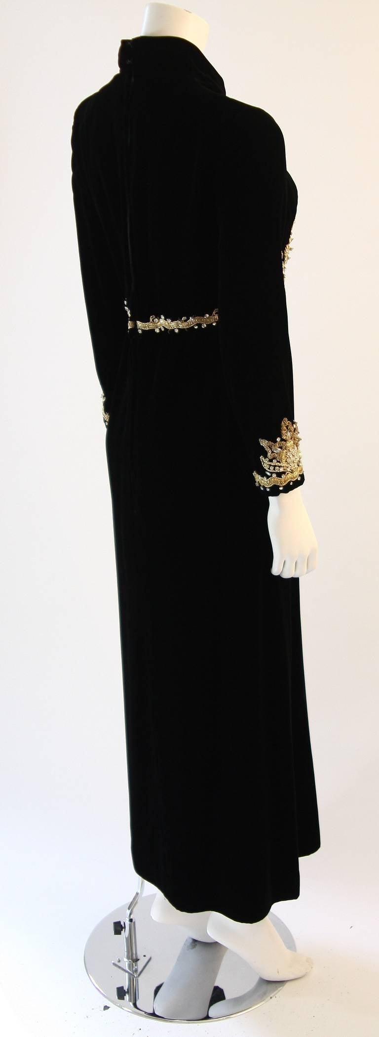 Brilliant Black Velvet Rhinestone Embellished Gown For Sale 1