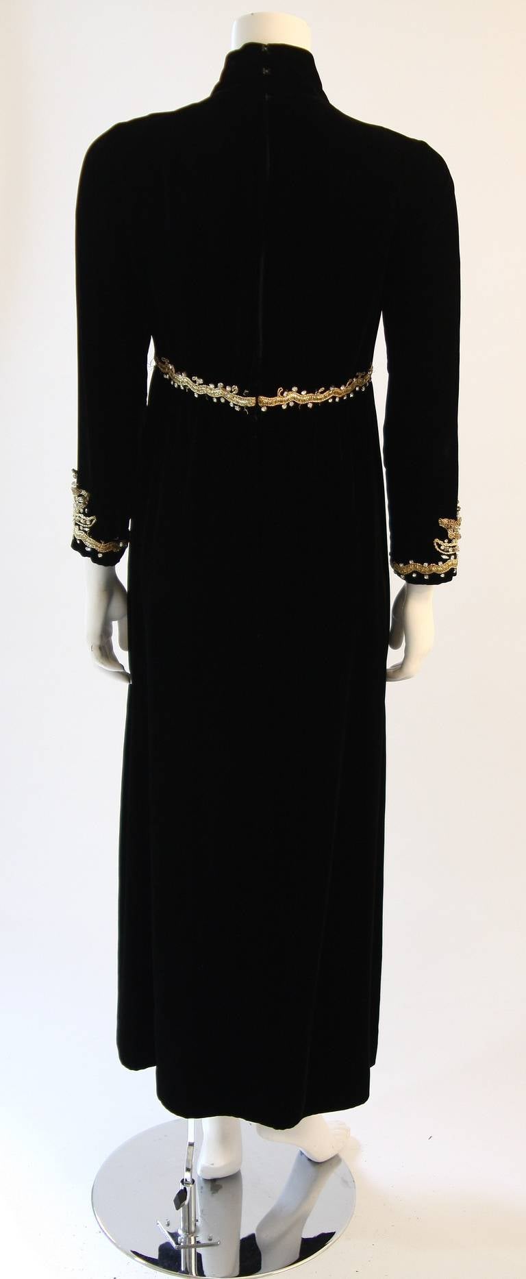 Brilliant Black Velvet Rhinestone Embellished Gown For Sale 2