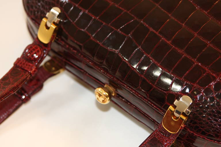 Nina Ricci Burgundy Crocodile Handbag with Adjustable Strap In Excellent Condition In Los Angeles, CA