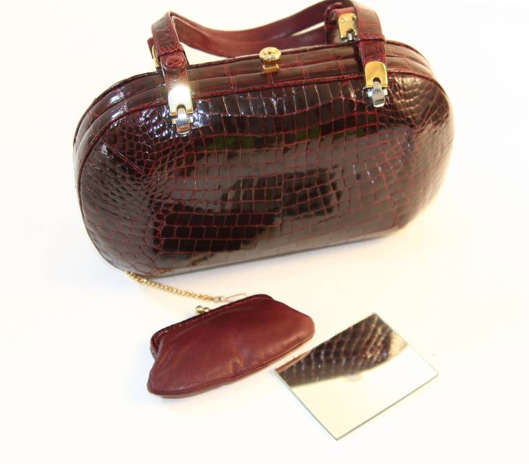 Nina Ricci Burgundy Crocodile Handbag with Adjustable Strap 1