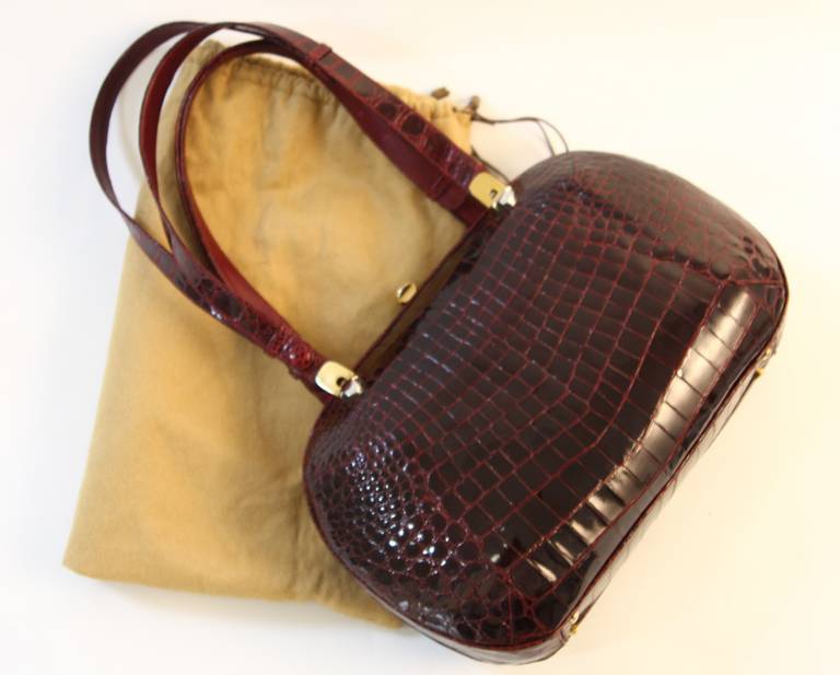 Nina Ricci Burgundy Crocodile Handbag with Adjustable Strap 2