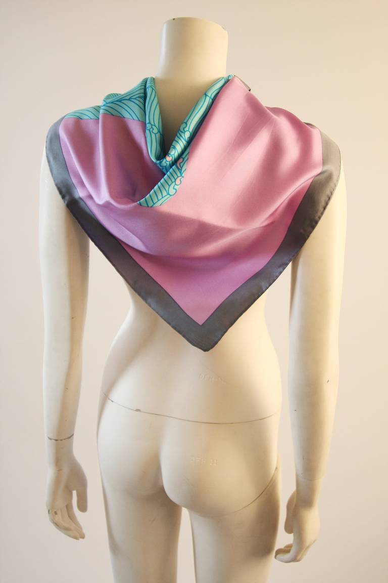 Hanae Mori Abstract Purple Aqua and Grey Scarf