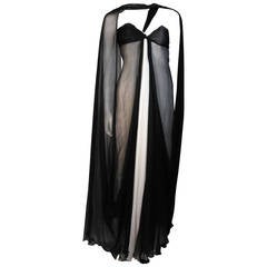 Jacqueline De Ribes Black and Ivory Silk Chiffon Gown Size 1