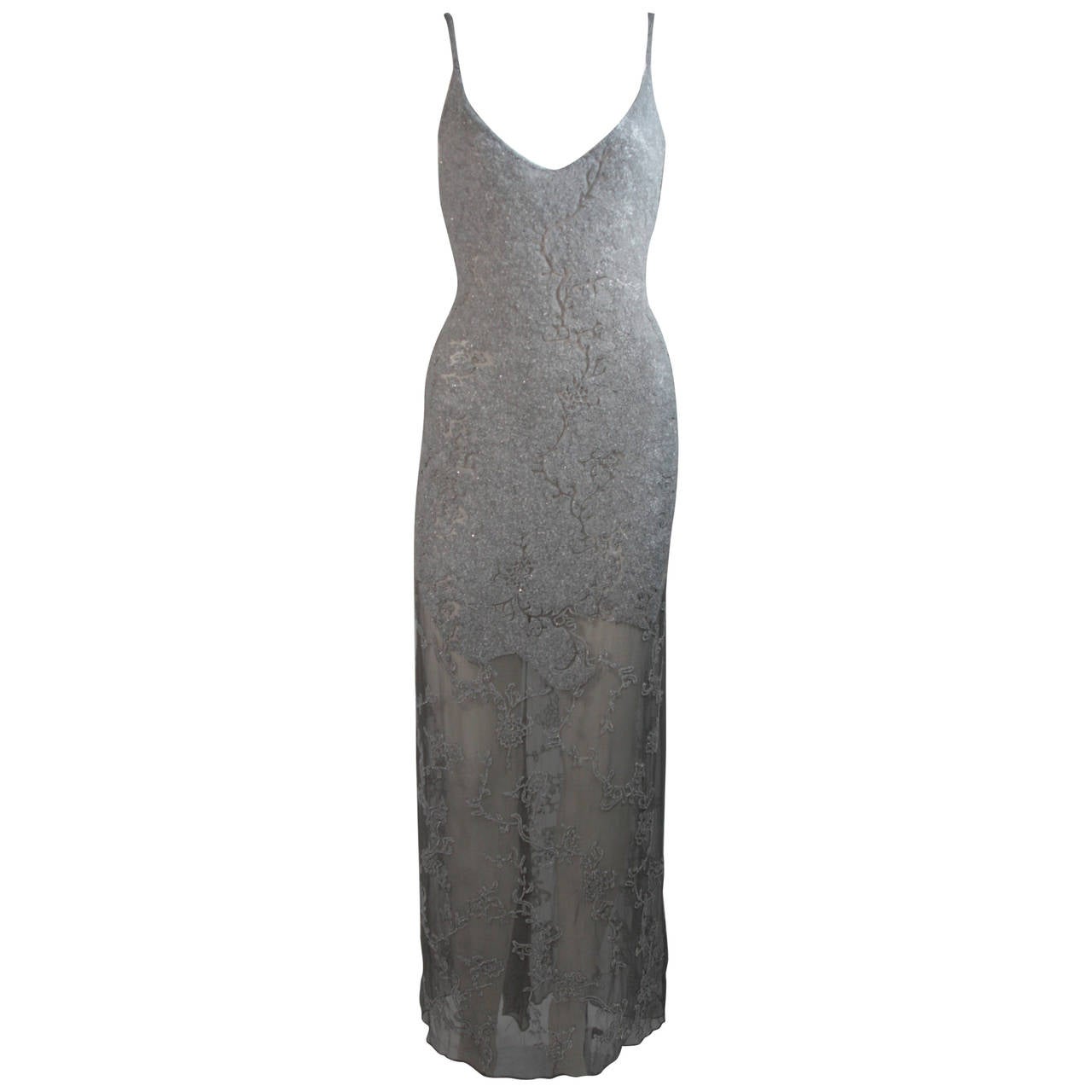 Alberta Ferretti Silver Beaded Gown with Silk Chiffon Size 42