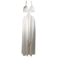 Funky 1970's White Draped Jersey Gown with Exposed Sides Size Small