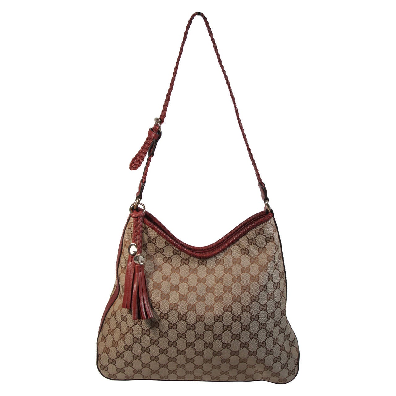 Gucci Canvas Logo Hobo Style Purse with Tassel For Sale at 1stDibs