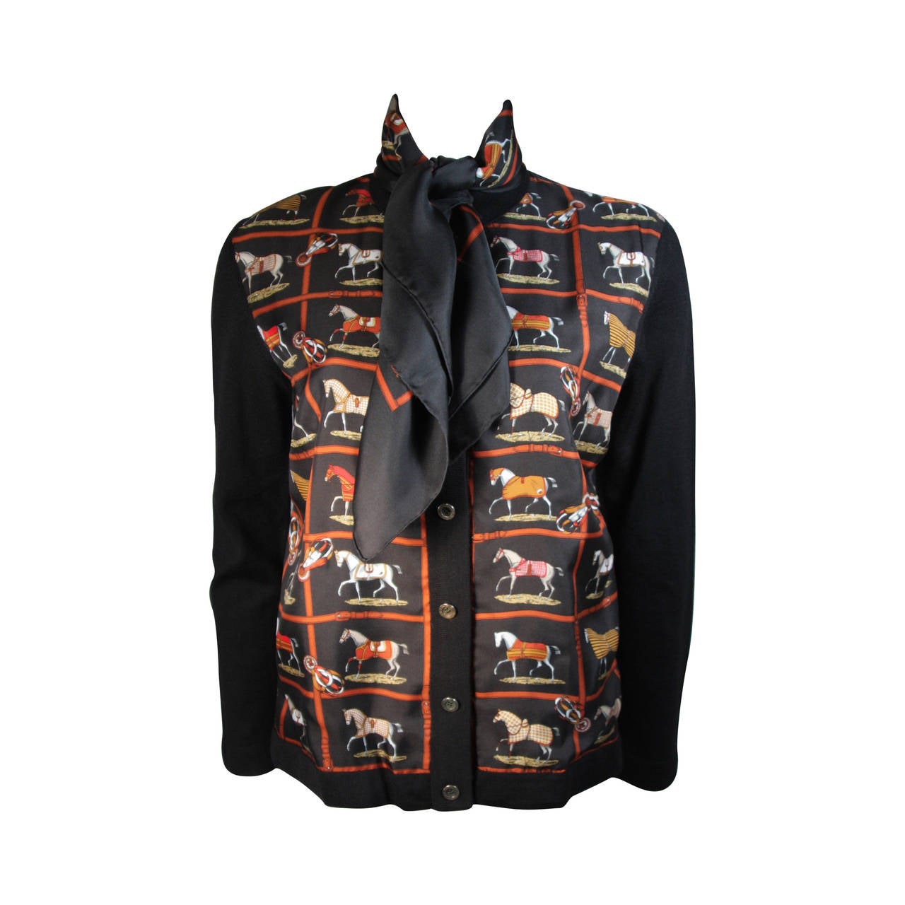 Hermes Black Checkerboard Racehorse Print Silk & Wool Cardigan Sweater 46