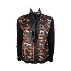 Vintage Hermes Black Checkerboard Racehorse Print Silk & Wool Cardigan Sweater 46