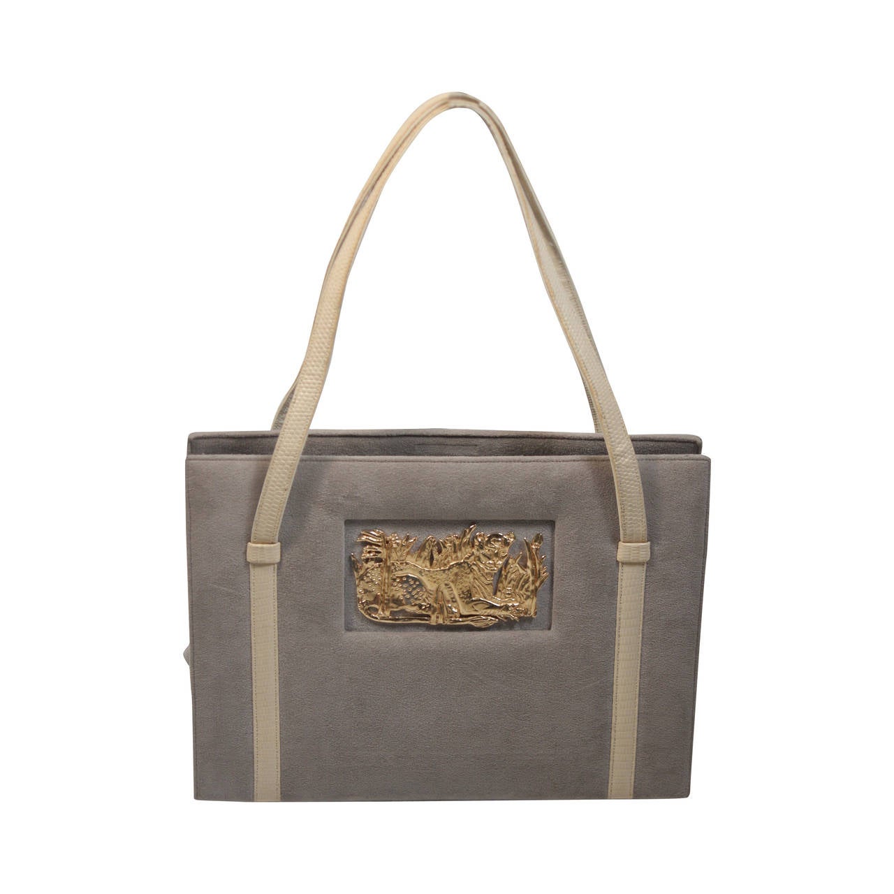 Martin Van Schaak Light Grey Suede Purse with Ivory Lizard Skin Straps