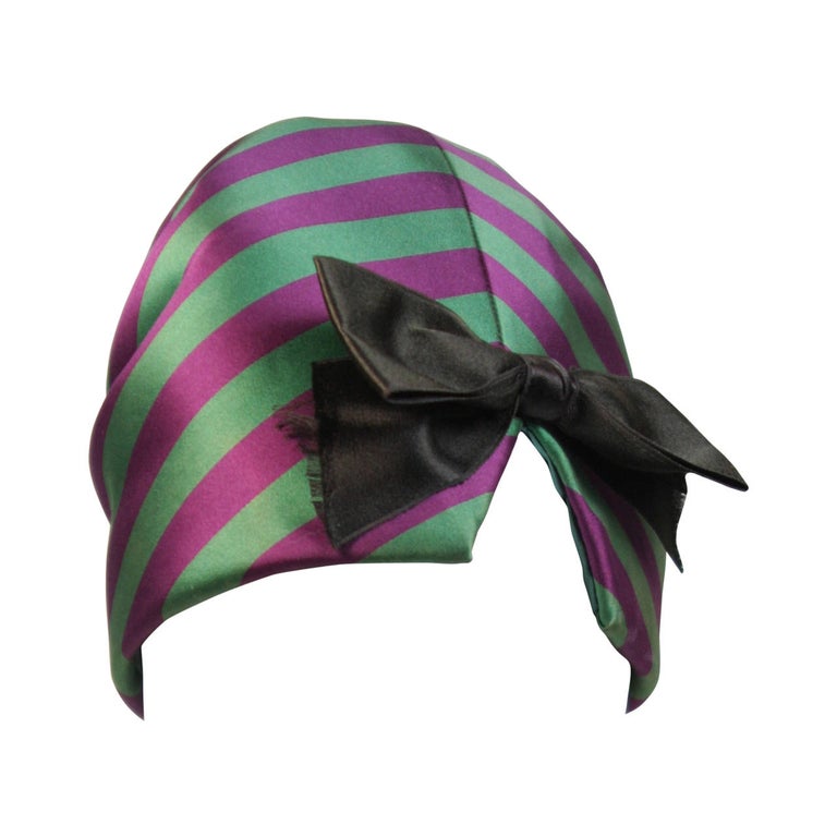 Yves Saint Laurent Rive Gauche Purple and Green Silk Rouched Hat with Bow For Sale