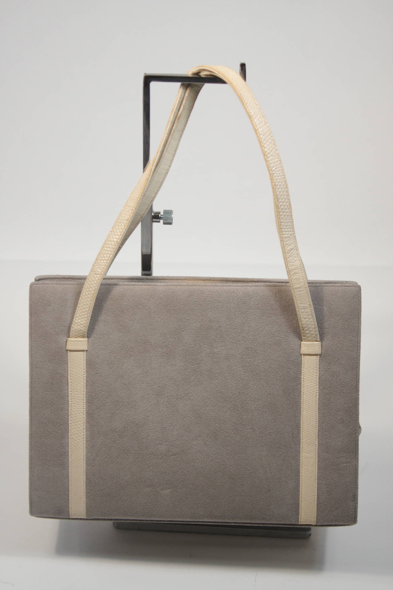 Martin Van Schaak Light Grey Suede Purse with Ivory Lizard Skin Straps In Good Condition In Los Angeles, CA