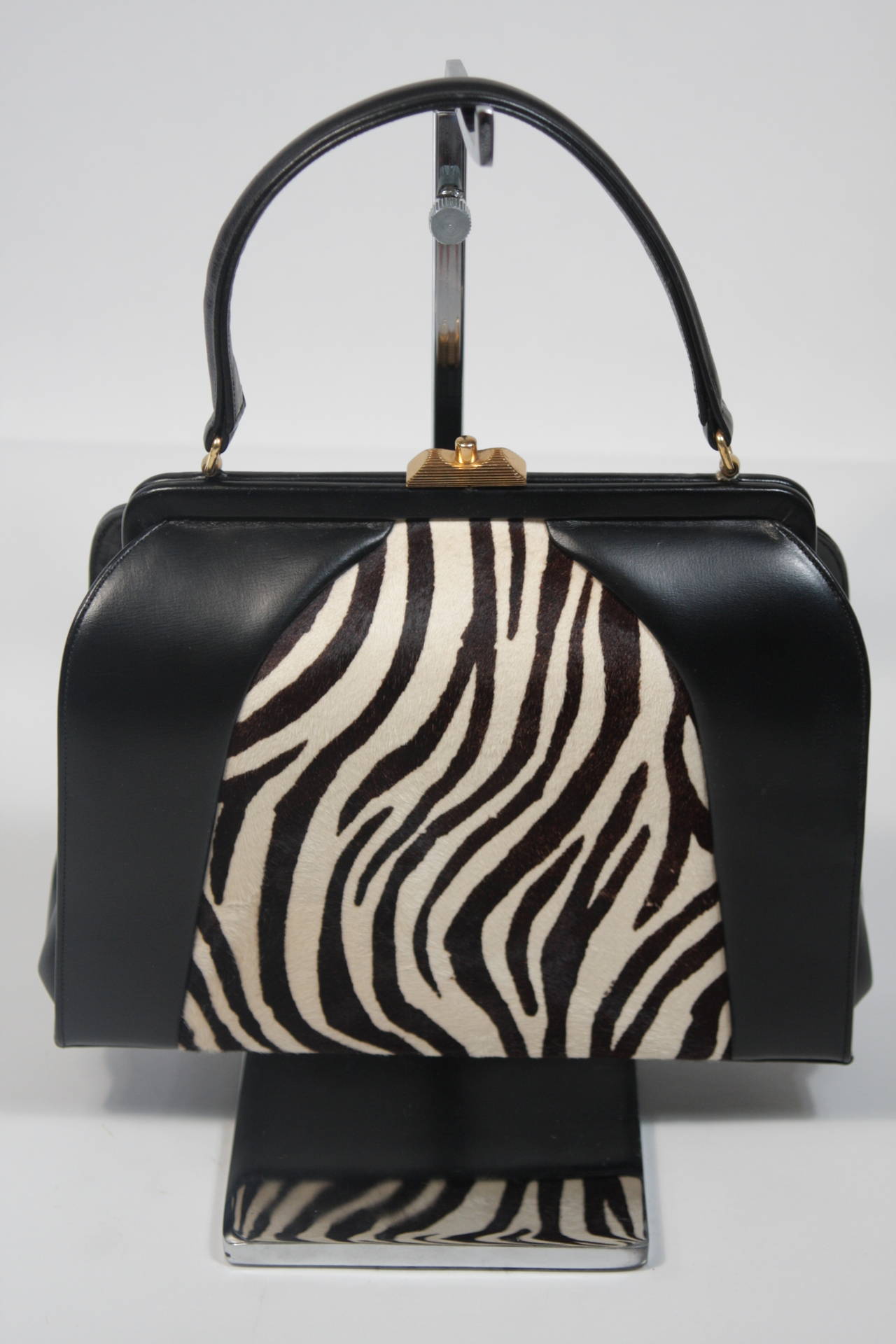 Saks Fifth Avenue Leather and Zebra Print Hide Frame Handbag For Sale at 1stdibs