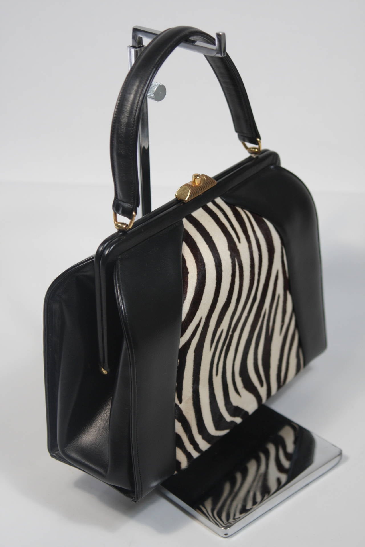 Women's Saks Fifth Avenue Leather and Zebra Print Hide Frame Handbag